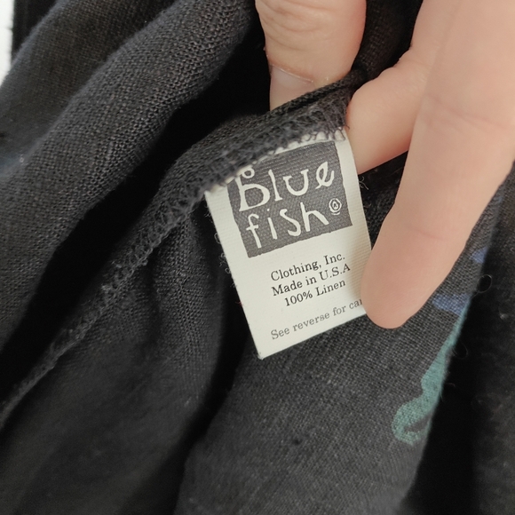 VTG Blue Fish RARE 100% Linen Hand Printed Coral Button Up Black Shirt Size 1 - Picture 14 of 15